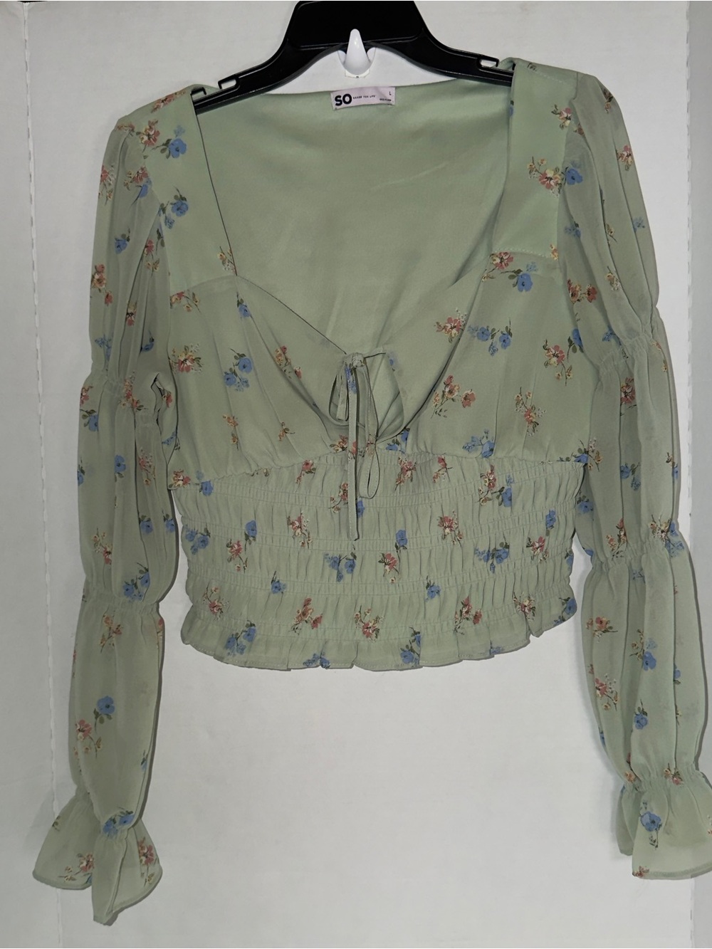 SO Light Sage Floral Tie-Front Smocked Peplum Blouse